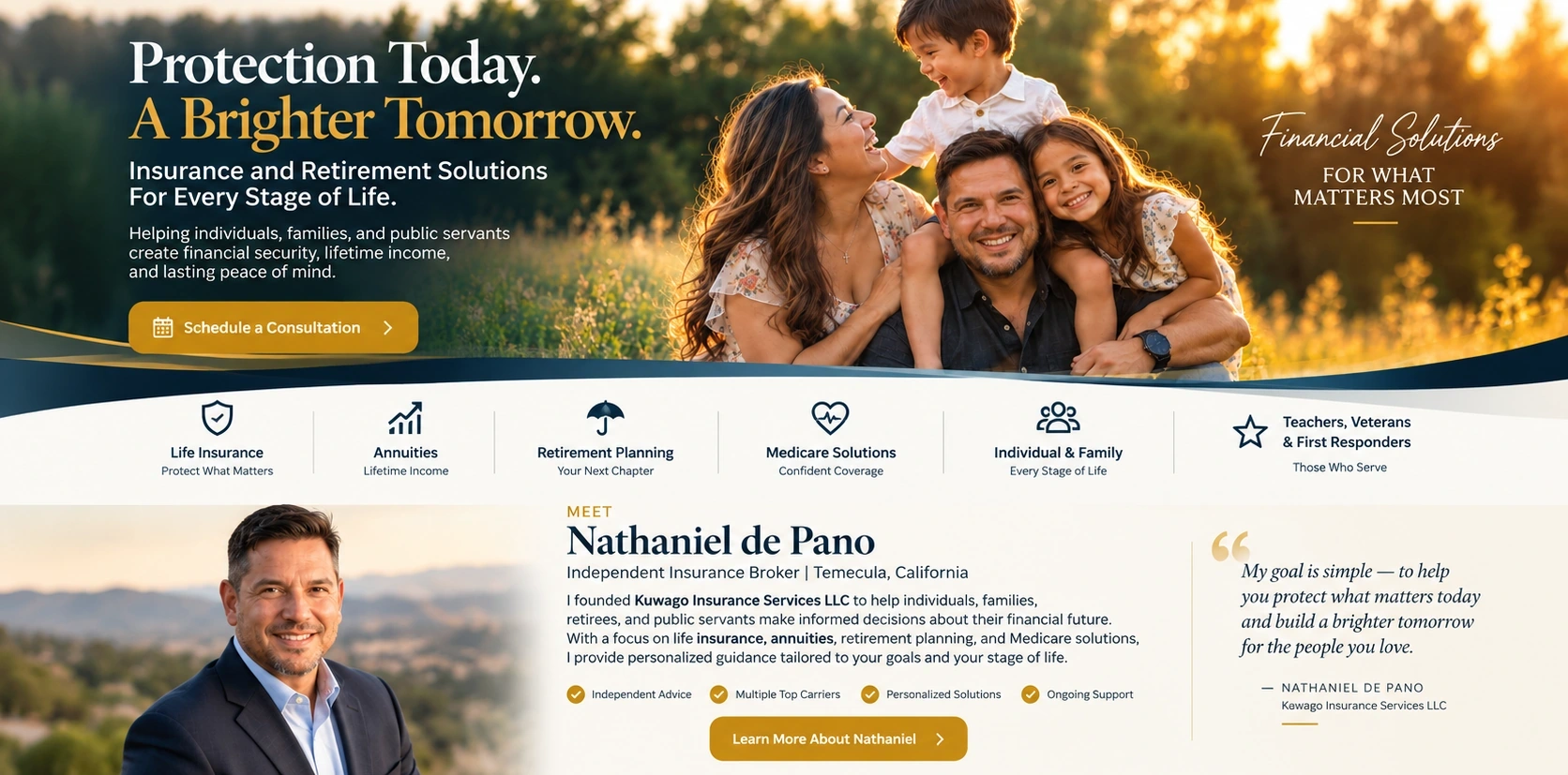 Protection Today. A Brighter Tomorrow. Insurance and retirement solutions for every stage of life. Family photograph, six services, and meet Nathaniel de Pano.