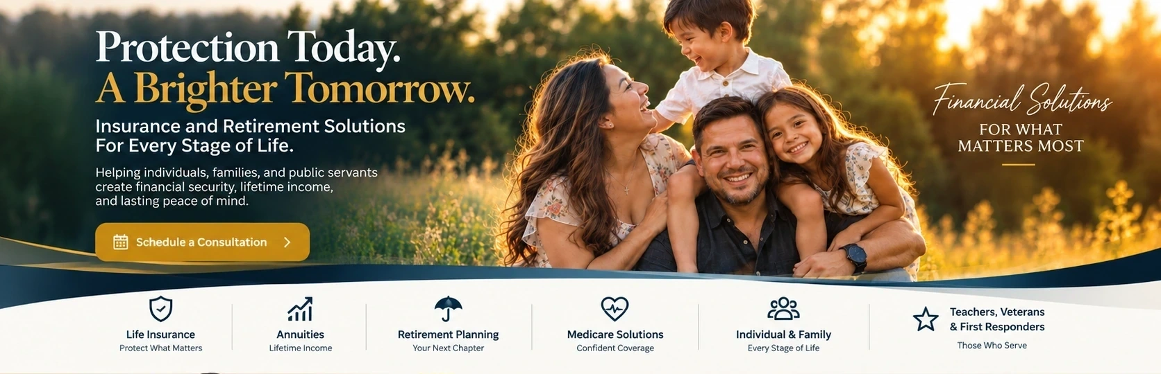Protection Today. A Brighter Tomorrow. Insurance and retirement solutions for every stage of life. Family photograph, six services, and meet Nathaniel de Pano.